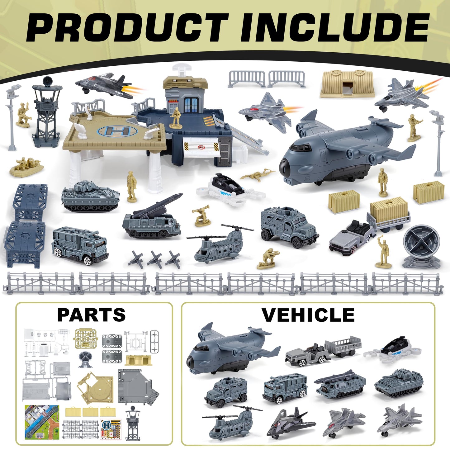 Military Base Building Playset, Army Toys with 11 Vehicles Airplane Helicopter Fighter Jet Army Men Action Figures and Play Map, Birthday Gift for 3 4 5 Year Old Boys Girls Kids