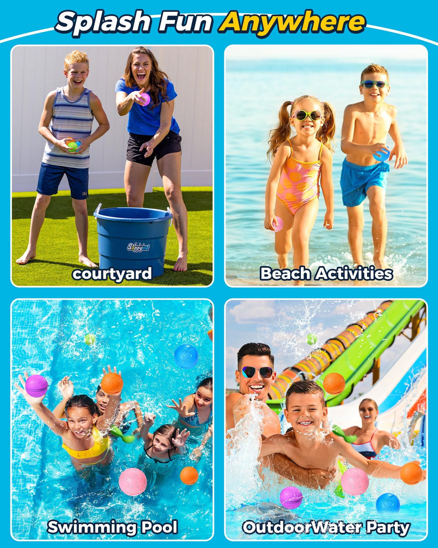 Tlitlimom 16Pcs Reusable Water Bomb Balloons, Pool Beach Toys for Kids ages 3-12, Summer Toy Water Toy for and Girls, Outdoor Activities Water Games Toys Self Sealing Water Splash Ball for Fun
