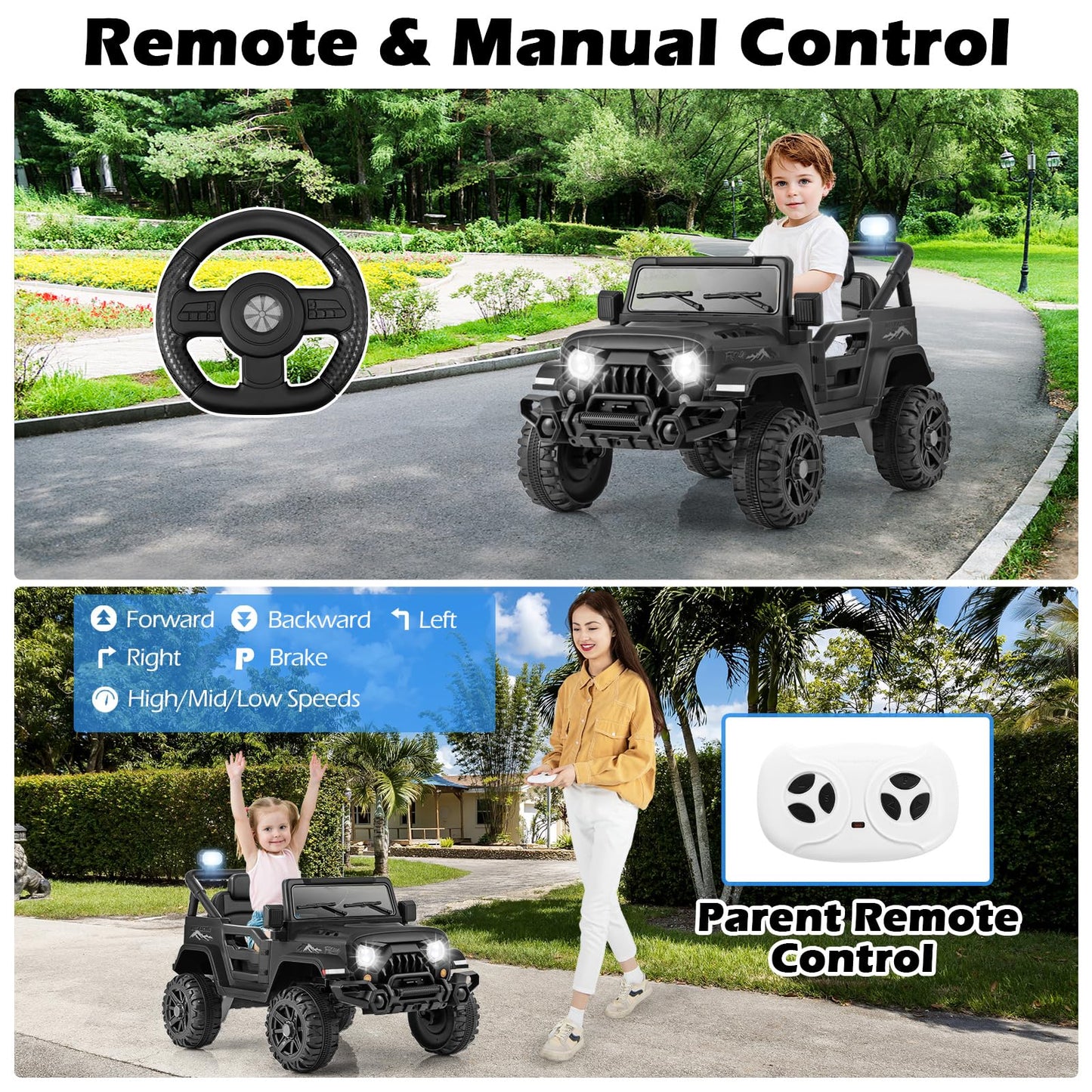 OLAKIDS Ride on Truck, 12V Battery Powered Electric Vehicle for Kids with Remote Control, Bluetooth, Power Display, LED Lights, Music Player, Ride on Toy for 3+ Boys Girls (Black)