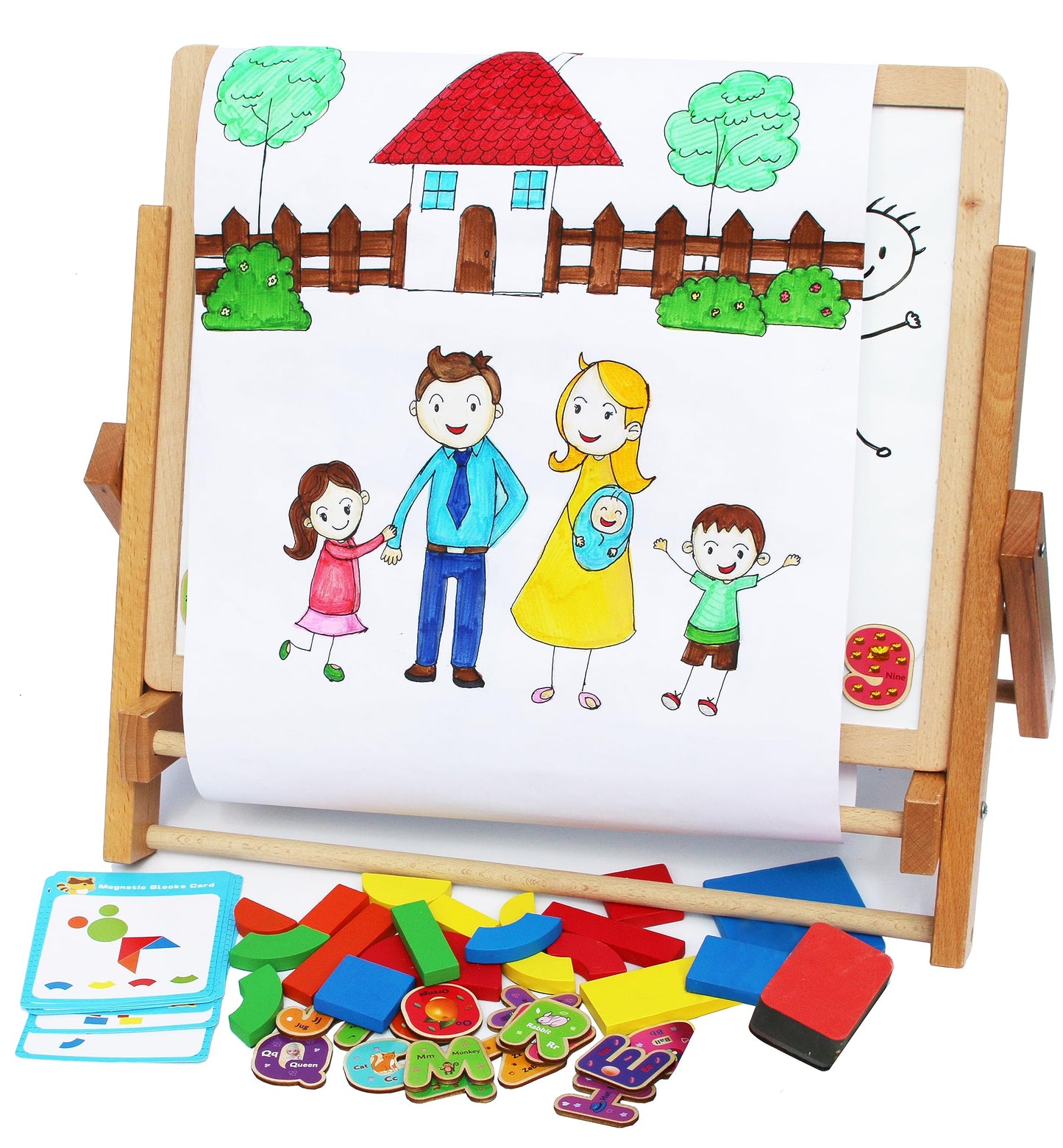 Toys of Wood Oxford TOWO Wooden Easel for Children Foldable Double Boards Magnetic Shapes Letters Numbers and Paper roll Kids Art Easel -Table Top Magnetic Board for Kids