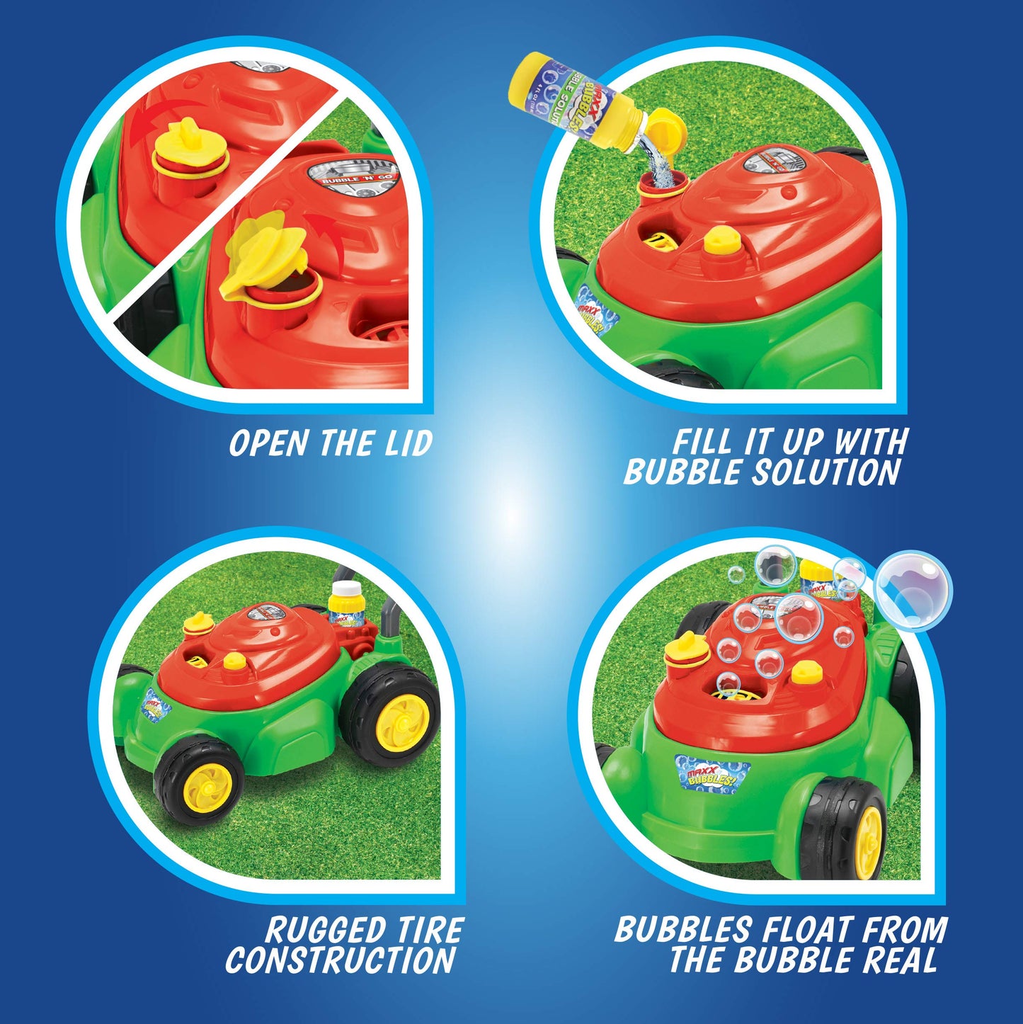 Maxx Bubbles Bubble-N-Go Mower, Includes 4oz Bubble Solution, Bubble Lawn Mower for Toddlers, Outdoor Bubble Toy for Kids, No Batteries Required, Red