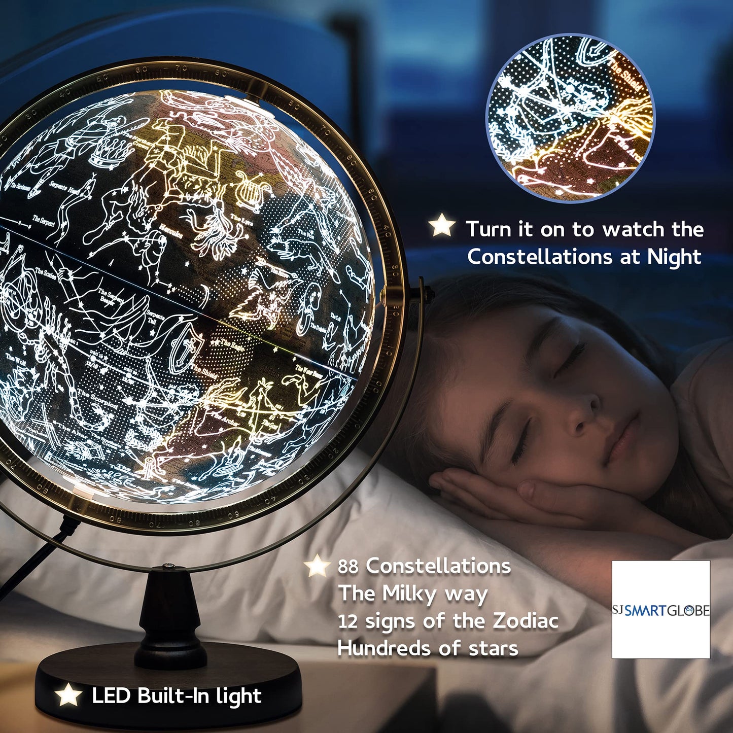 SJSMARTGLOBE with Interactive APP & LED Illuminated Constellations at Night, US-Patented STEM education 10" World Globe with Detailed map