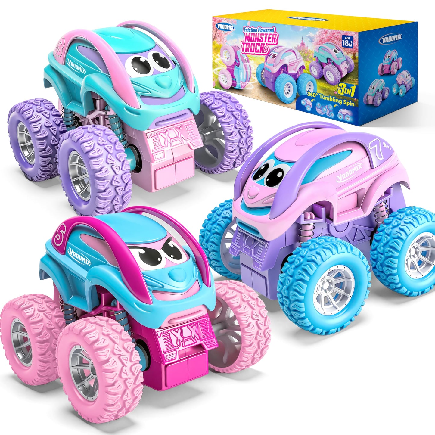 Vroomix Jova 3 Pack Monster Truck Toys, Friction Powered Pull Back Car Toys with Crash, Flip & Bouncing for Toddlers Girls Age 18 Month and Up, Toddler Girl Toys Birthday Gifts