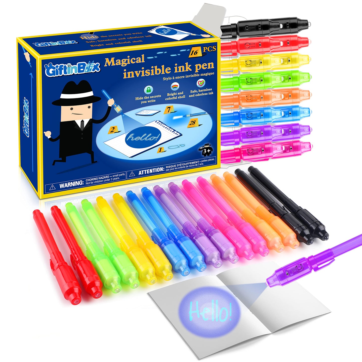 GIFTINBOX Invisible Ink Pen, 16PCS Spy Pen with UV Light for Kids, Birthday Party Favors for Kids 4-8 8-12, Classroom Prize for Students Magic Marker for Secret Message