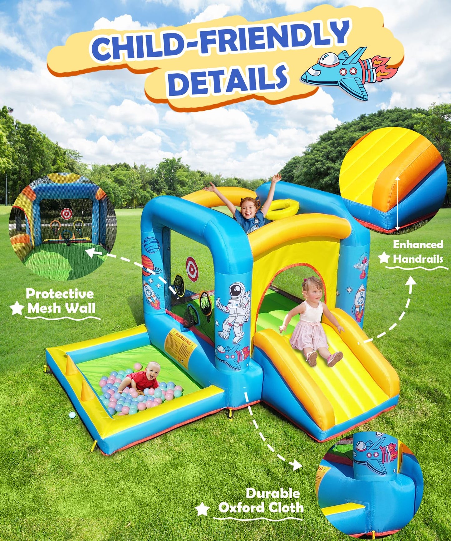 NBSPORT Inflatable Bounce House with Blower for Kids 3-6 y/o, Jumping Castle with Slide, 112x63x67'' Toddlers Bouncer with Ball Pit, Bouncy House for Indoor/Outdoor