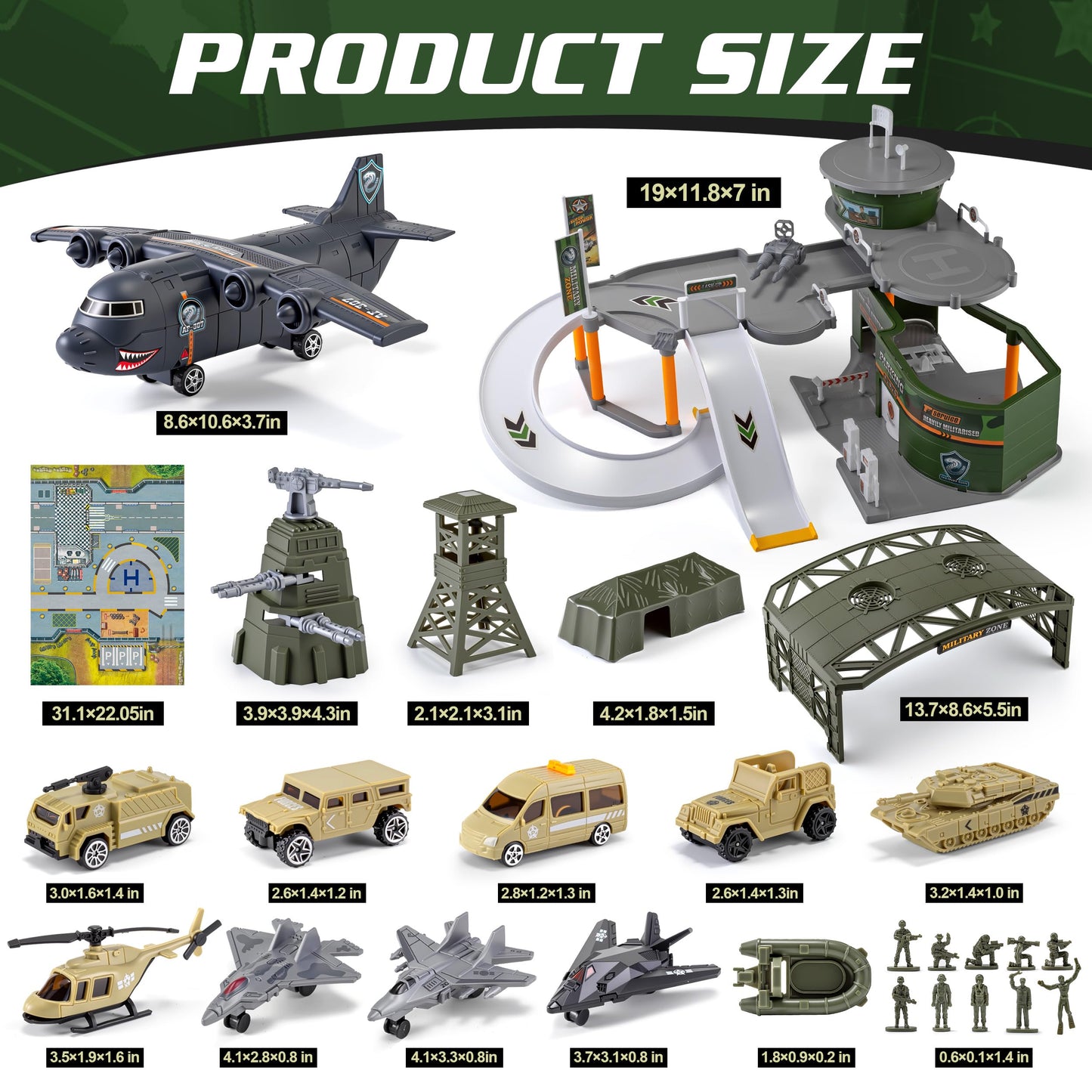 Military Base Toy Race Track Set with Airplane, Tanks, Cars, Helicopters, Fighter Jets, Army Men Action Figures and Play Mat, Army Vehicle Toys for Kids, Ideal Gift for Boys Girls