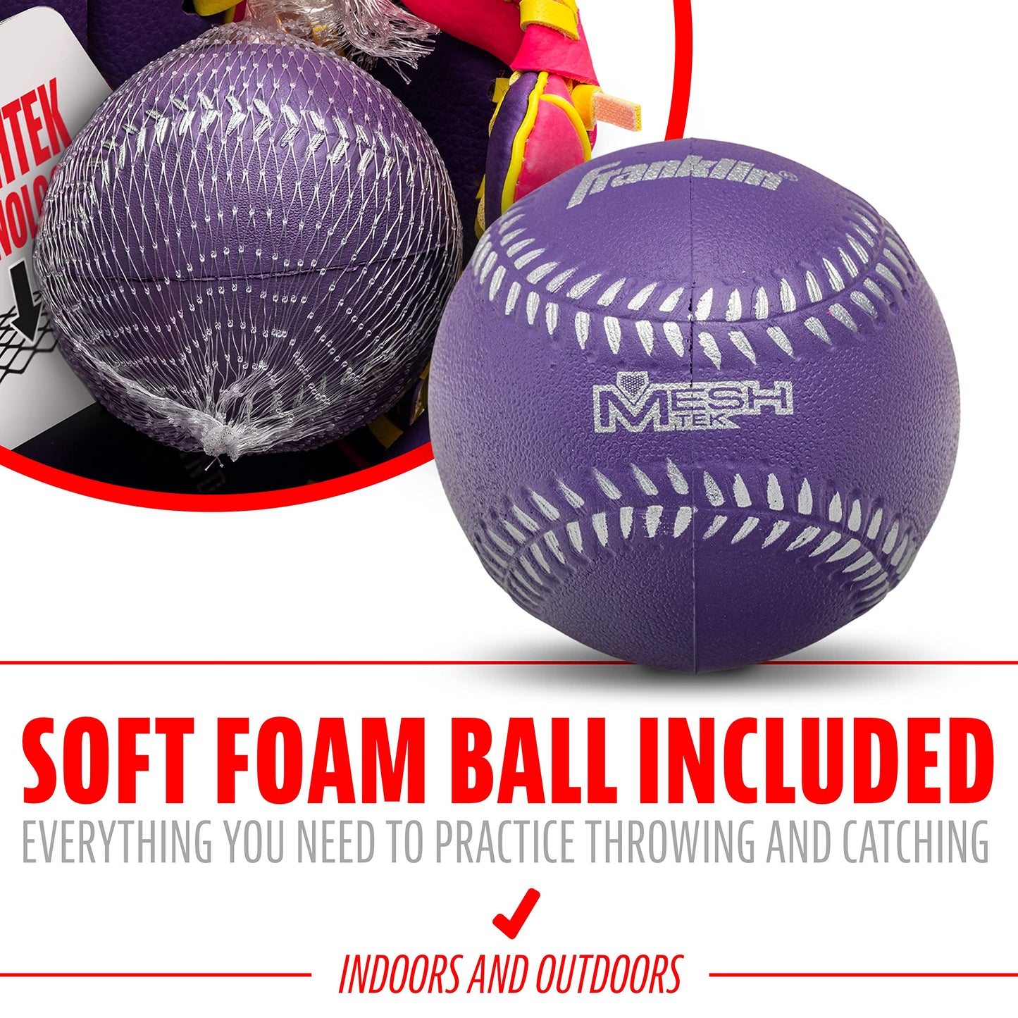 Franklin Sports Teeball Recreational Series Fielding Right Hand Glove with Baseball, 9.5-Inch, Purple/Lime/Pink/Yellow