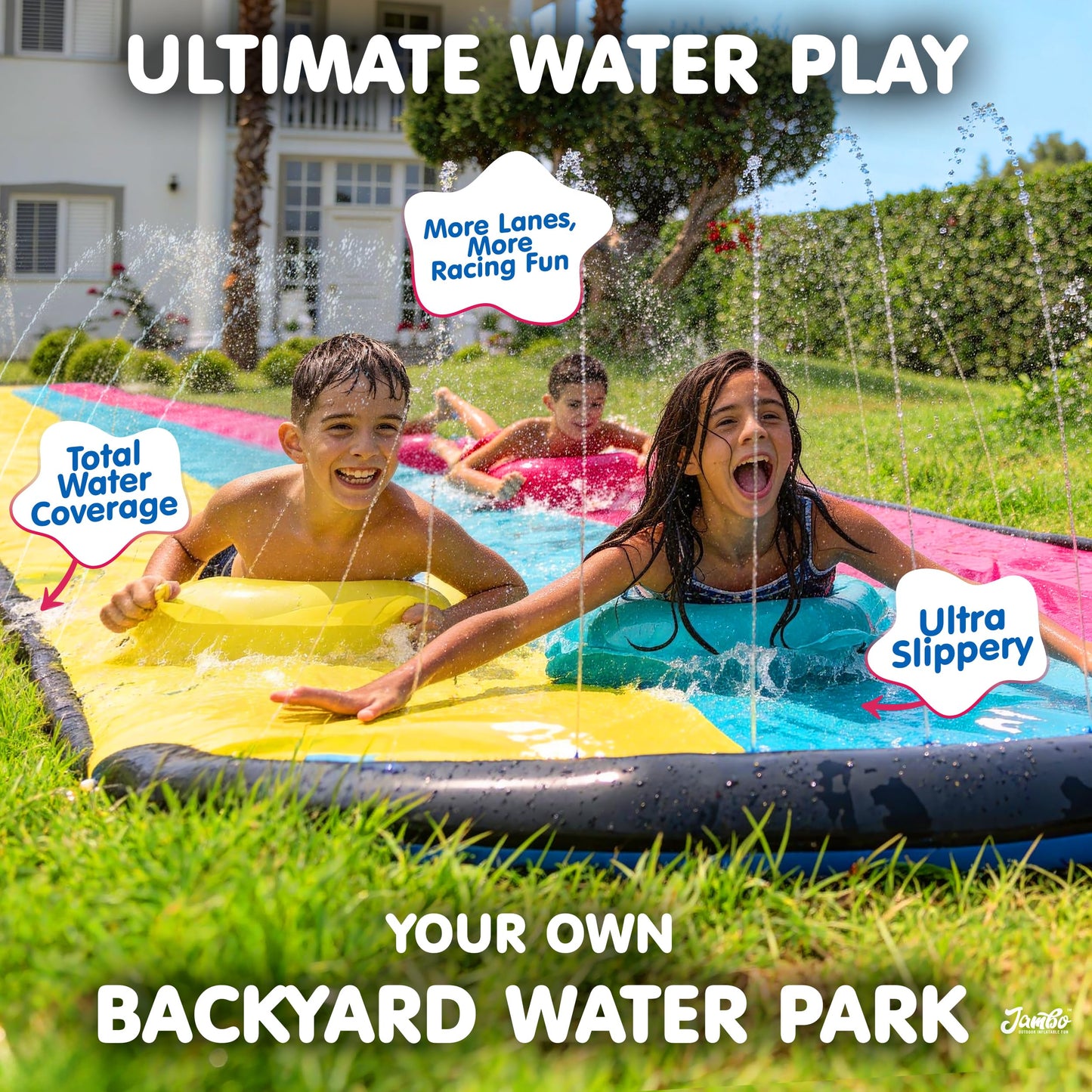 JAMBO XL 20Ft Summer Vibes Premium Slip and Slide with 3 Bodyboards, Heavy Duty Water Slide- Advanced 3-Way Water Sprinkler System, Backyard Waterslide Outdoor Water Toys n Slides for Kids