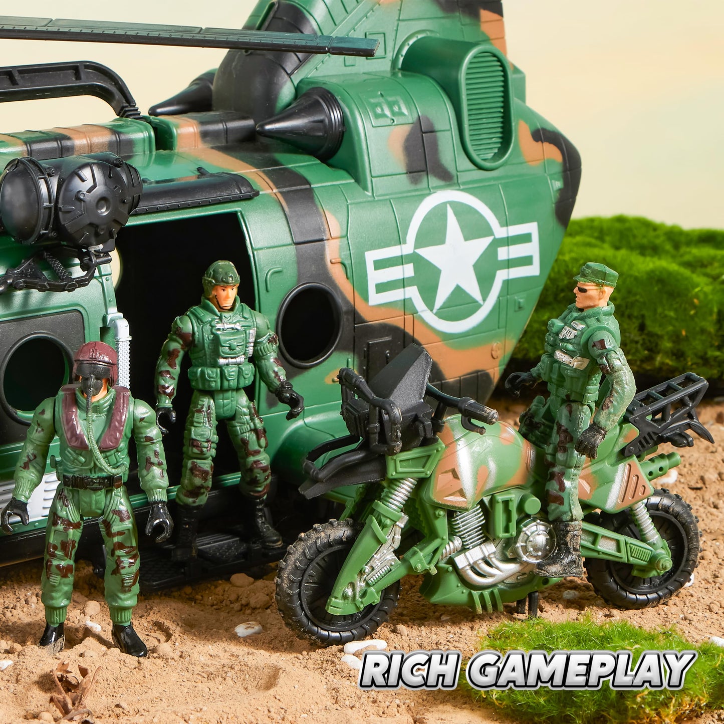 JOYIN 10-in-1 Military Helicopter Toys Set with Light, Sound, Trucks, Boat, Bike, Army Men, Weapons - Christmas Birthday Party Gifts for Kids