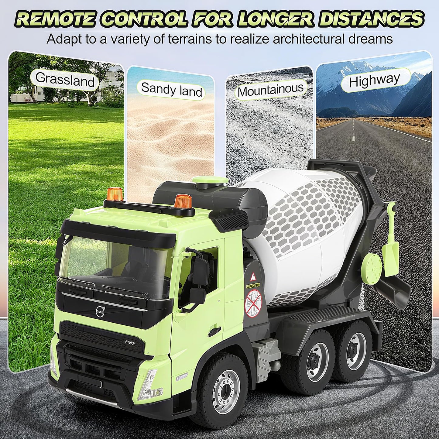 Double E Volvo FMX 1:20 RC Cement Mixer Truck - 360° Rotating Drum + 7 Realistic Sounds & LED Lights, 2.4GHz Anti-Interference for Multi-Vehicle Play - Construction Toy Adults