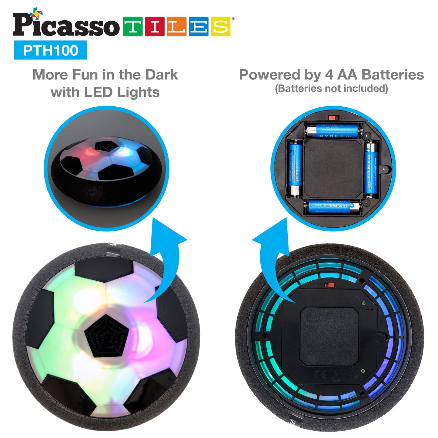 PicassoTiles Hoverball Air Hockey Soccer Floating Disc with LED Light Airlift Power Soft Bumper Indoor Gliding Toy Battery Operated Movement Training Game for Physical Activity Kids Age 3 Plus PTH100