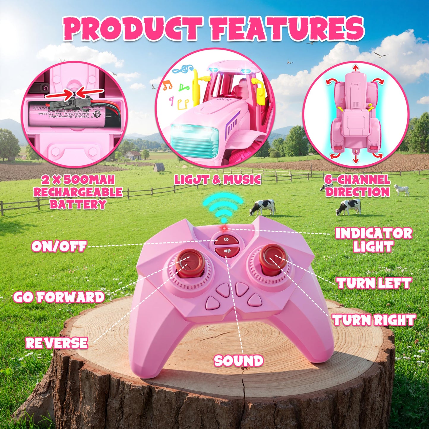 Funwee RC Farm Tractor Toy w/Light & Music, Kids Trailer Toy w/Front Loader & Farm Animal, 2.4GHz RC Tractor Truck Car for Boys & Girls, Toddler Vehicle Playset Age 3-8+ Year Old Gifts (Pink)