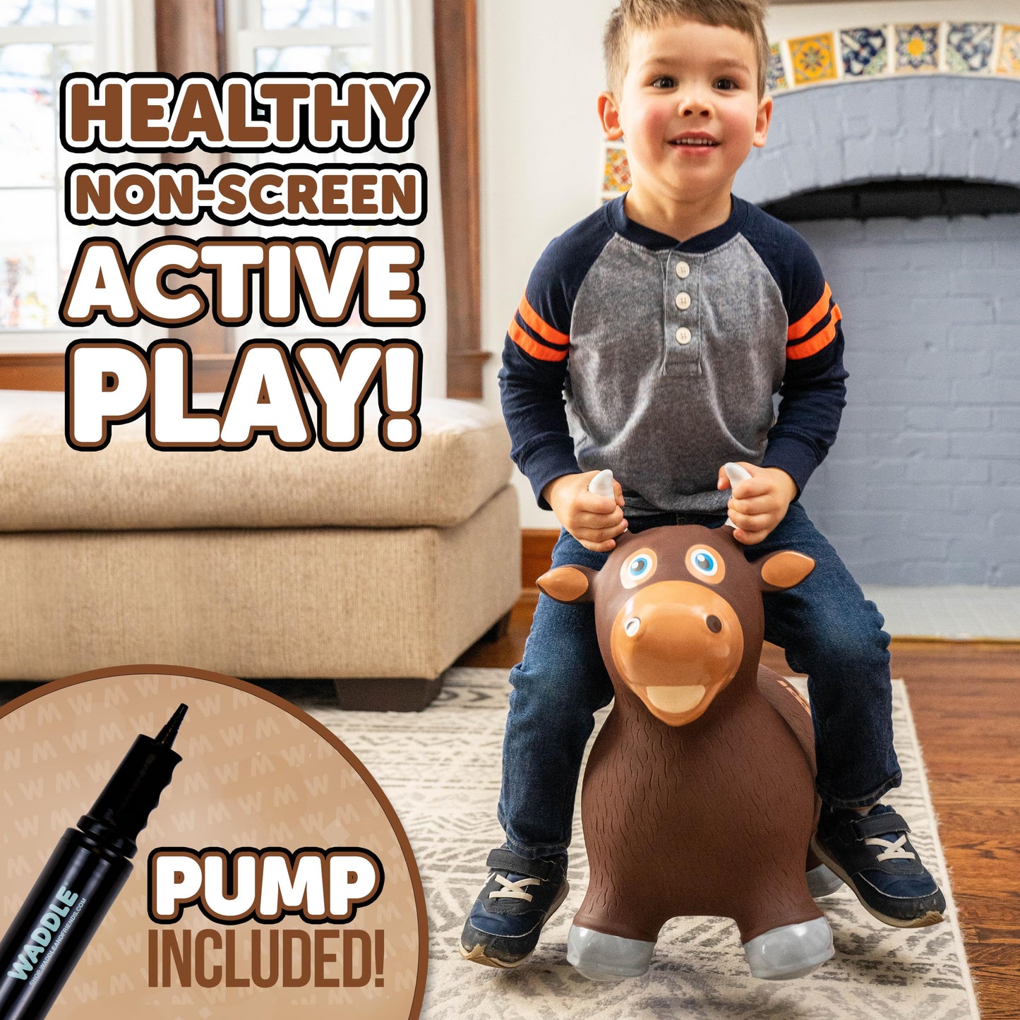 WADDLE Bouncy Hopper Inflatable Hopping Animal, Indoors and Outdoors Toy for Toddlers and Kids, Pump Included, Boys and Girls Ages 2 Years and Up (Brown Bull)