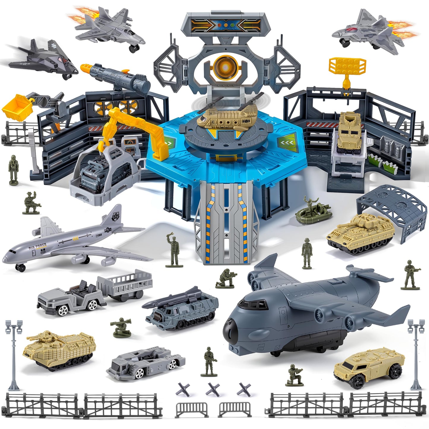 Military Airplane Toy, Army Toys Military Base Set with 14 Vehicles Plane Tank Trucks Helicopter Fighter Jet, Airport Play Mat with Army Men Action Figures and Accessories, Birthday Gift for Kids