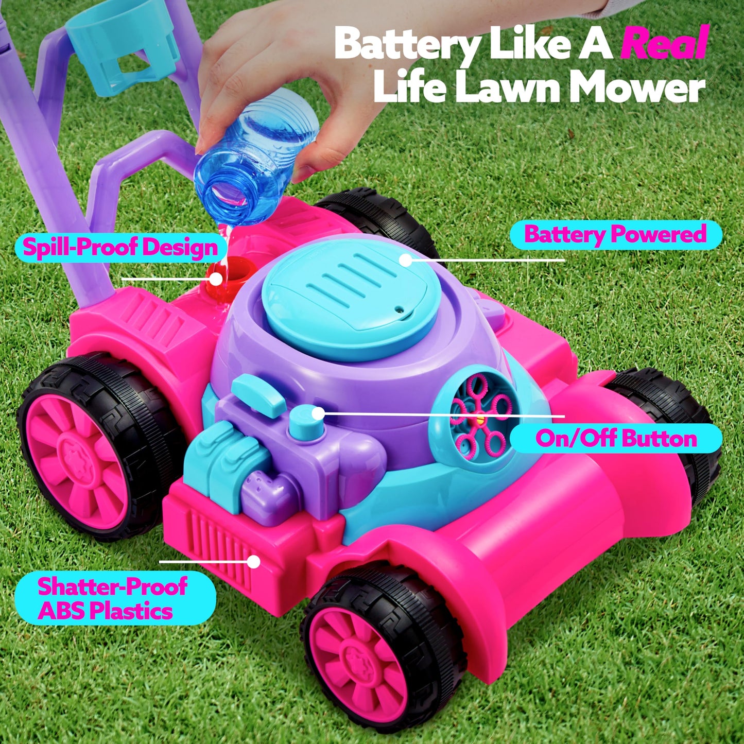 SLOOSH Bubble Lawn Mower Toddler Toys - Spill-Proof Bubble Machine Pretend Gardening Toy for Age 1 2 3 1-3 Year Old Toddler Indoor Outdoor Use, Baby Girl Push Toys Easter Birthday Gift (Pink)