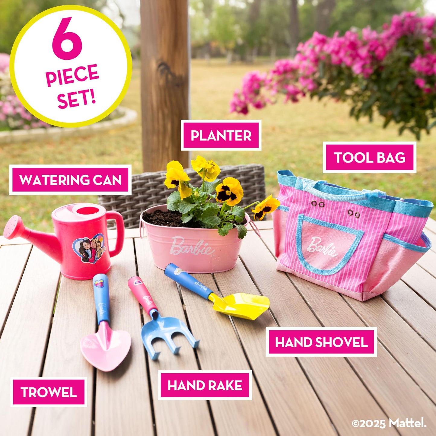 Barbie Garden Set – Real Gardening Tools for Kids with Watering Can, Metal Tools, Flower Pot and Storage Bag – Pink Tool Playset for Outdoors, 6 Pieces
