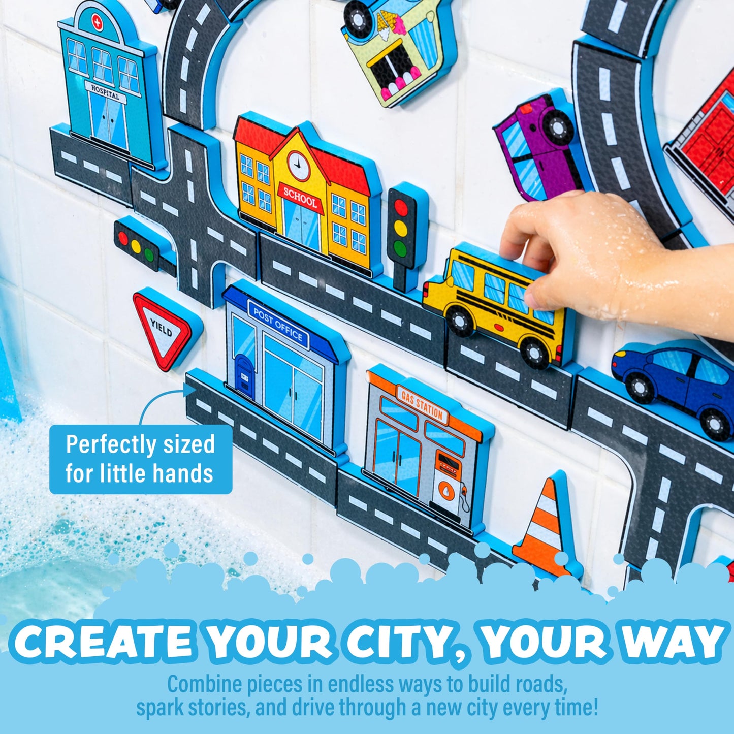 Tub Works® Tub City™ Stick, Build & Drive Toddler Bath Toy | 52 Foam Bath Stickers | Build a City with Roads, Buildings, Signs & Cars | Float & Stick to Tub Walls | Creative Bathtub Toys for Kids Bath