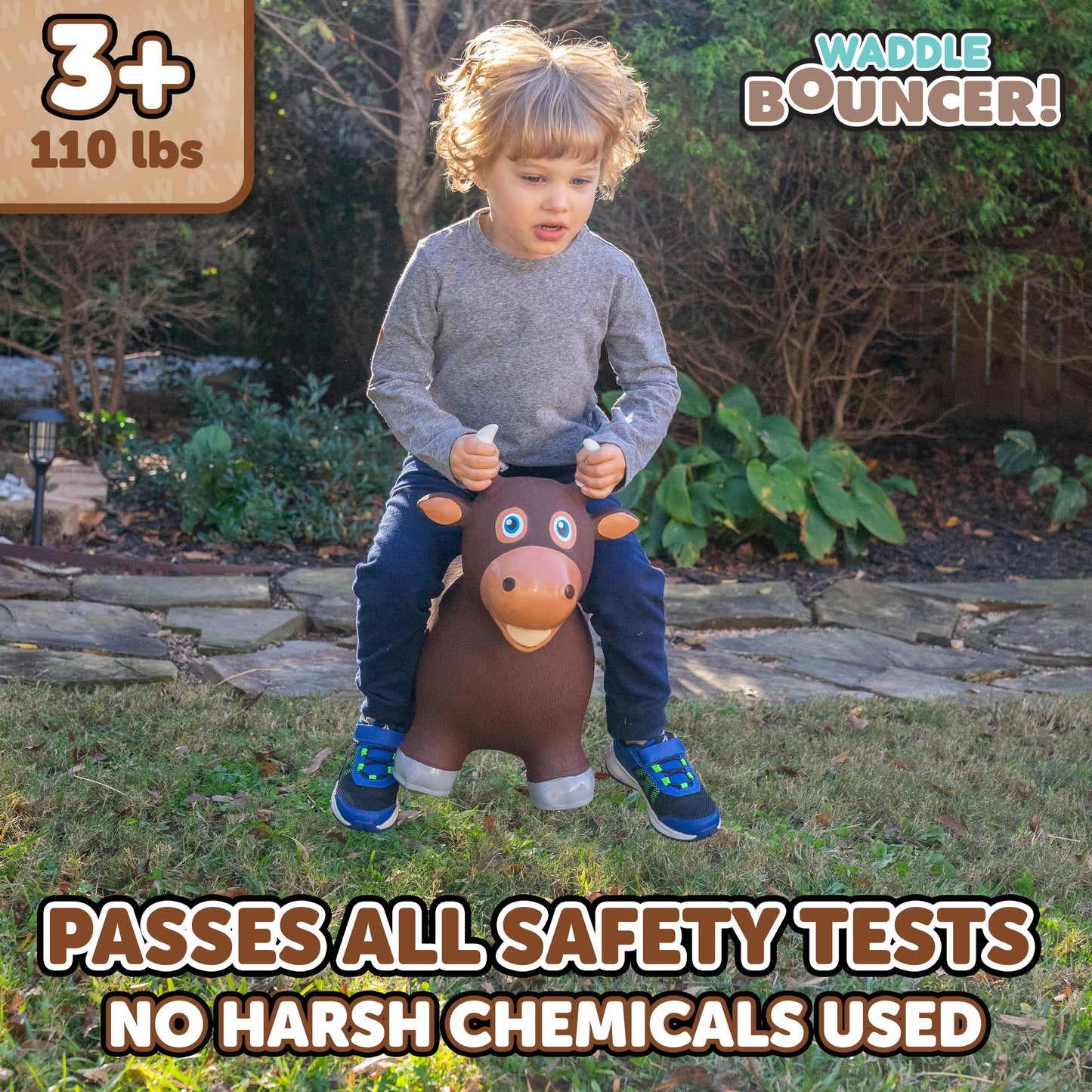 WADDLE Bouncy Hopper Inflatable Hopping Animal, Indoors and Outdoors Toy for Toddlers and Kids, Pump Included, Boys and Girls Ages 2 Years and Up (Brown Bull)